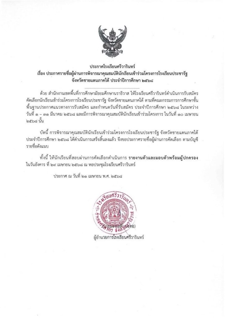 ประกาศรายชื่อผู้ผ่านการพิจารณาคุณสมบัติผู้ร่วมโครงการโรงเรียนประชารัฐ 68′